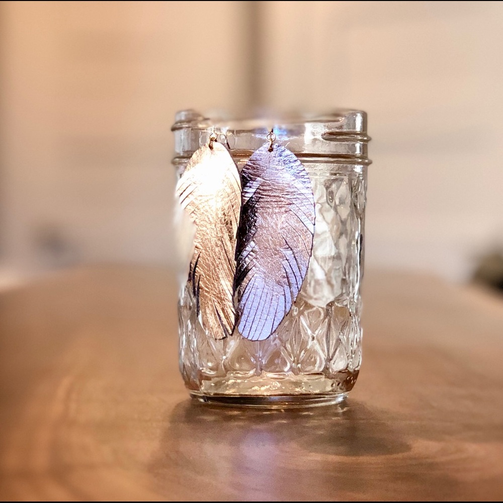 Rose Gold Leather Feather Earrings - Picture 3 of 8
